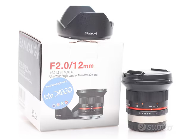 Obiettivo samyang 12 mm f/2 ncs cs. attacco fuji