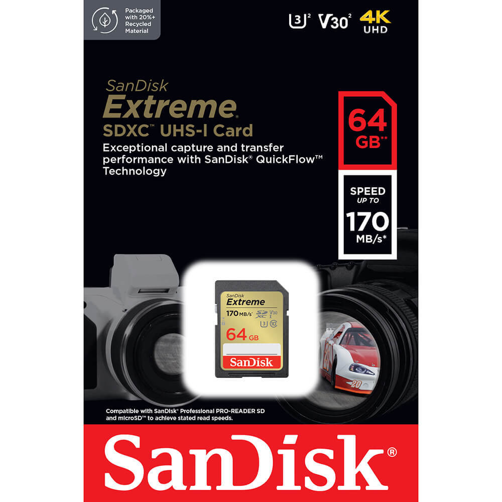 SANDISK SD 64GB XC EXTREME V30 U3 UHS I C10 4K 170MB/60MB