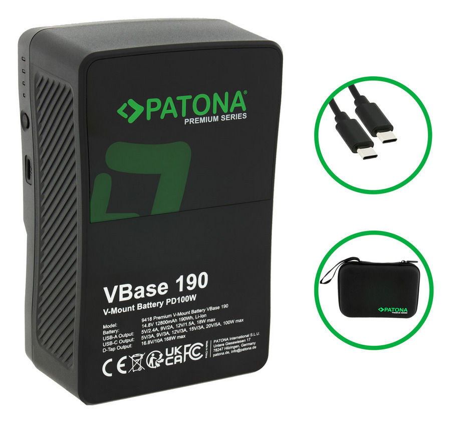 PATONA PREMIUM V-MOUNT BATTERIA VBASE 190WH PD100W USB-C USB-A D-TAP HARD CASE