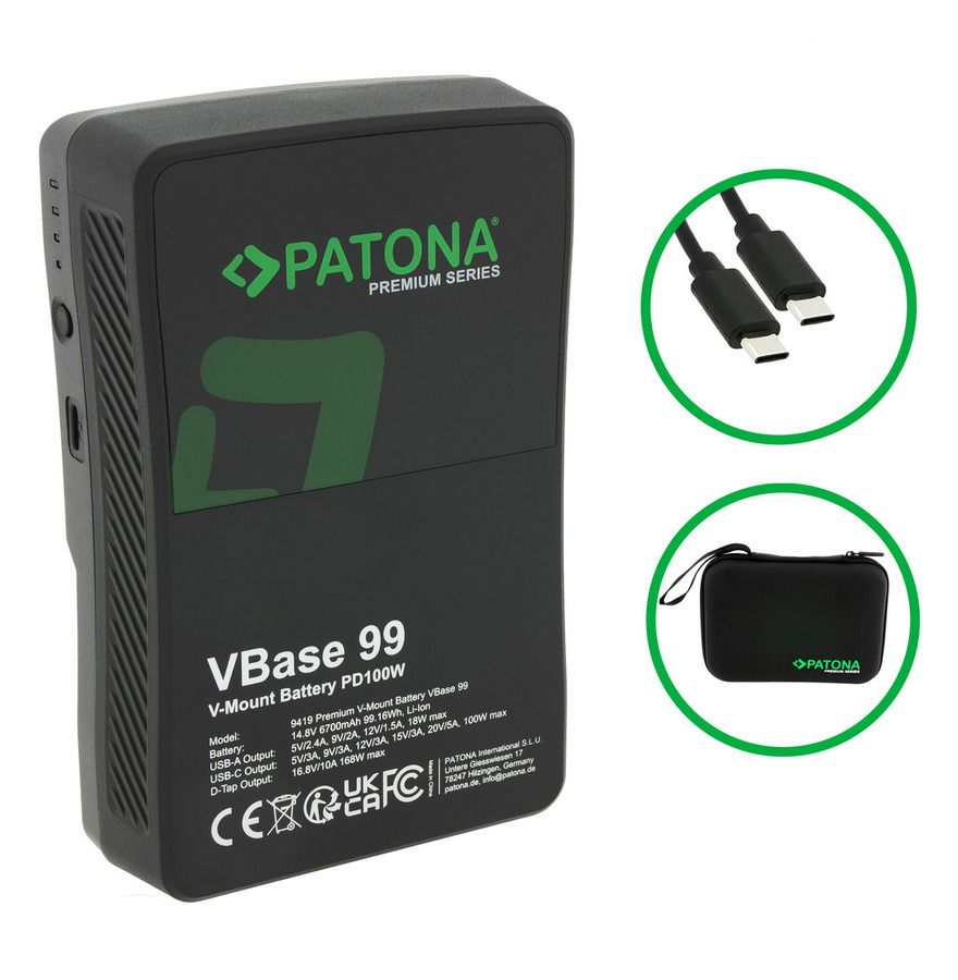 PATONA PREMIUM V-MOUNT BATTERIA VBASE 99WH PD 100W USB-C USB-A D-TAP HARD CASE