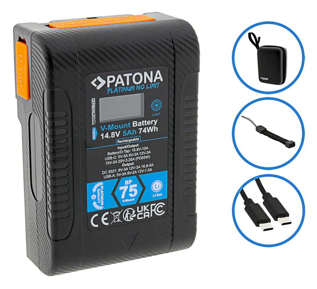 PATONA PLATINUM BATTERY V-MOUNT BP-75W PD65 74WH USB-C USB-A D-TAP DC-OUT HARDCASE