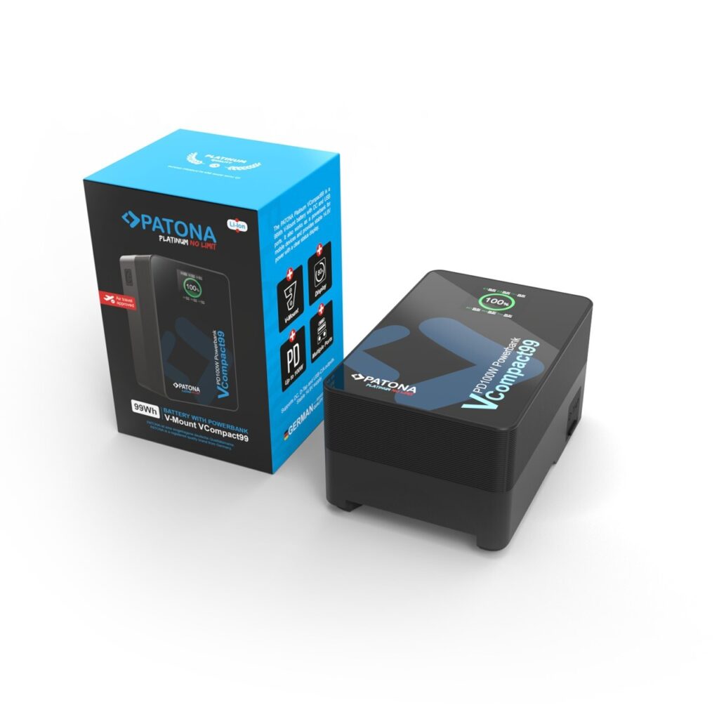 PATONA PLATINUM V-MOUNT BATTERIA COMPACT99 99WH 14.8V PD100W 2 USB-C USB-A DC D-TAP INCLUSO CUSTODIA